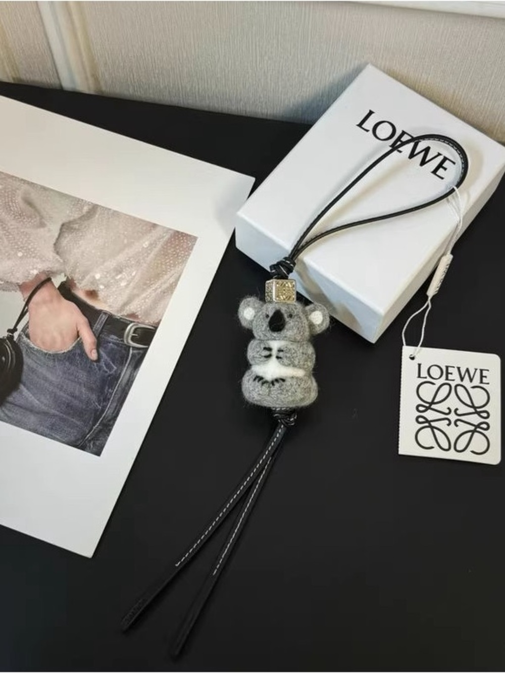 LOEWE Grey Felt Koala Bag Charm with Black Leather Cord